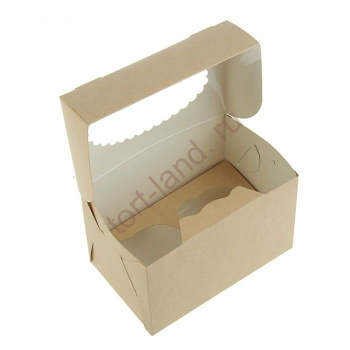 Коробка на 2 капкейка КРАФТ/БЕЛАЯ с окном – «Тортленд»