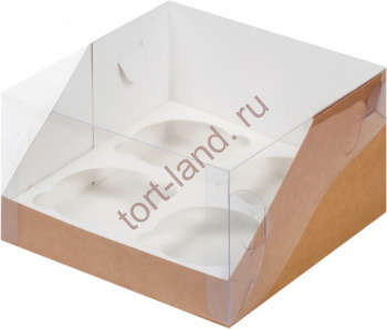 Коробка для 4 капкейков с пластиковой крышкой Крафт – «Тортленд»